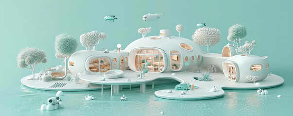 Futuristic concept for a miniature house with innovative architecture, blending organic shapes and smart technology