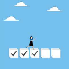 Businesswoman step on checklist, progressing from start to success