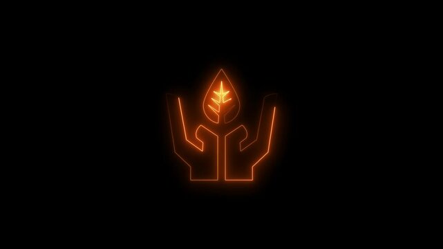 Glowing neon Hand hold a leaf of the plant icon. Care nature. Leaf shoots with environmental protection Planting sapling. Ecology concept.