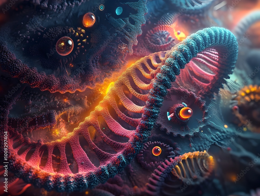 Poster radiant dna double helix shimmering with iridescent bonds fractal like organic designs and cascading
