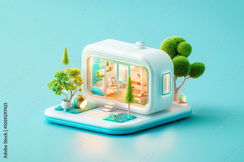 Poster tiny futuristic house concept with sleek architecture, utilizing space efficiently with a modern min
