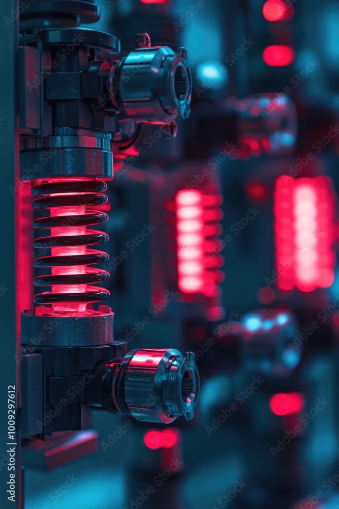 Poster a close-up view of machinery with bright red lights, possibly used in industrial or technical contex