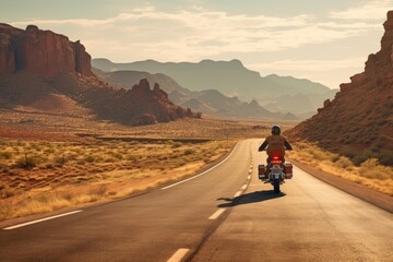 Man riding motorcycle in Arizona desert hills outdoors vehicle travel.