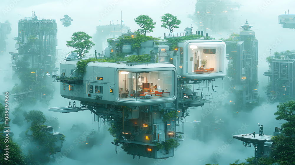 Poster compact futuristic house with ultramodern architecture, floating between the towering structures of 