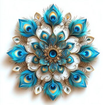 A vibrant blue and white mandala design featuring peacock feathers, radiating beauty and symmetry with intricate patterns.