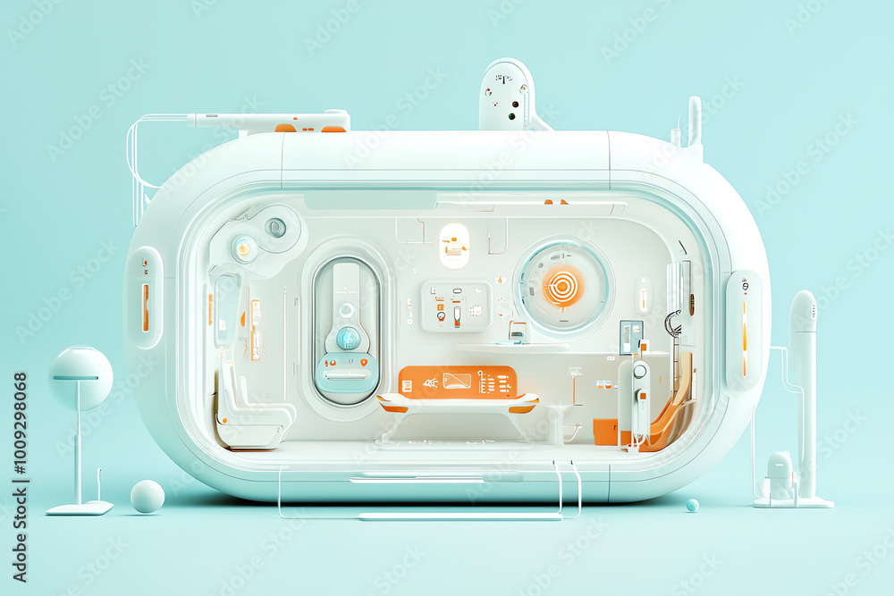 Poster tiny futuristic house with modular architecture, a concept featuring expandable spaces and sustainab