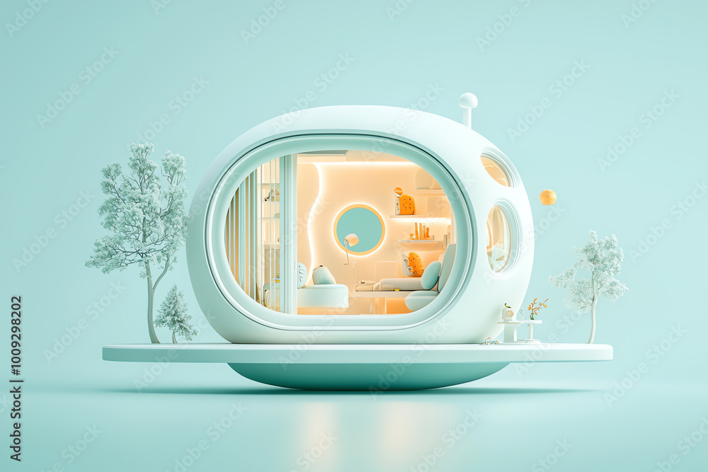 Poster tiny futuristic house concept with sleek architecture, utilizing space efficiently with a modern min