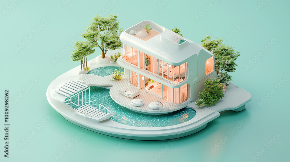Poster miniature futuristic house with a bold architectural concept, featuring sharp angles and floating pl