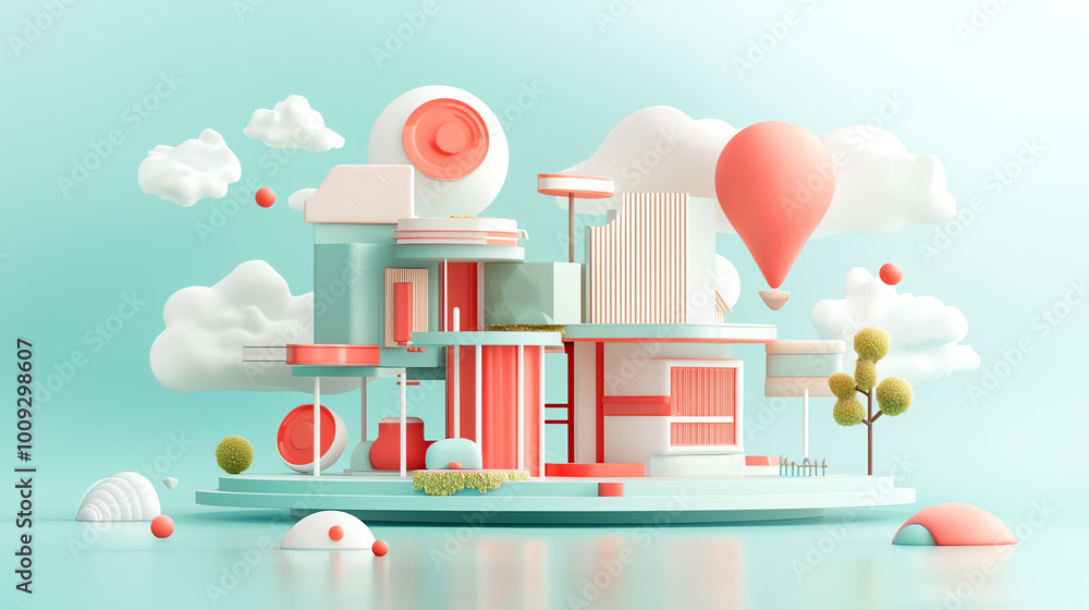 Poster conceptual miniature futuristic house with geometric architecture, floating on a platform with advan