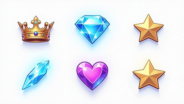 Crystal game crown, heart and star icon set. Isolated magic gem ui cartoon asset design. Blue lightning diamond illustration with glow. Cristal texture clipart collection for interface