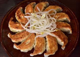 Japanese gyoza are pan-fried dumplings filled with minced pork, cabbage, garlic, and ginger, in thin dough. They are crispy outside, juicy inside, and served with a soy sauce and vinegar dip.