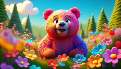 Fototapeta premium Cute Cartoon Bear in a colorful Field of Flowers