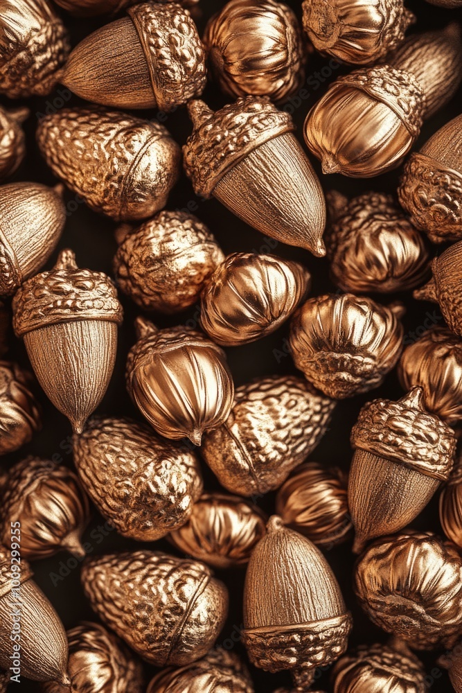 Poster a pile of golden acorns arranged on a table for display or decoration