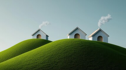 Fototapeta premium Geothermal-powered futuristic homes with steam vents rising from the earth, geothermal energy, clean, sustainable housing