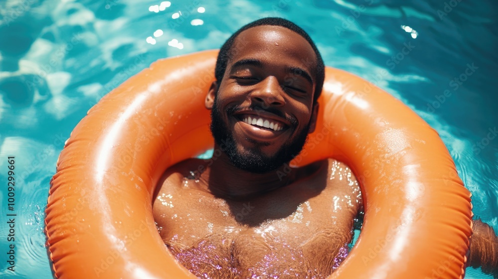 Poster a person relaxing in a swimming pool surrounded by an inflatable ring, great for summer or party sce