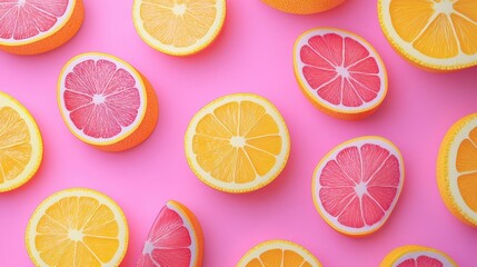 Juicy pink and orange with lemon circle slices texture citruses background. Bright and juicy. Flat lay of sliced citrus fruits.