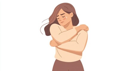 A woman appears thoughtful and introspective, embracing herself in a moment of reflection.