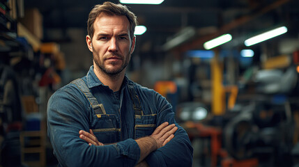 Obraz premium A man in a blue shirt and overalls stands in a garage with his arms crossed
