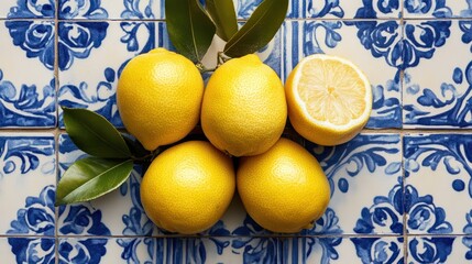 Lemons on ornate blue Portugal tiles. Flat lay composition for design and print. Mediterranean cuisine and fresh produce concept. Design for kitchen decor, poster, banner.