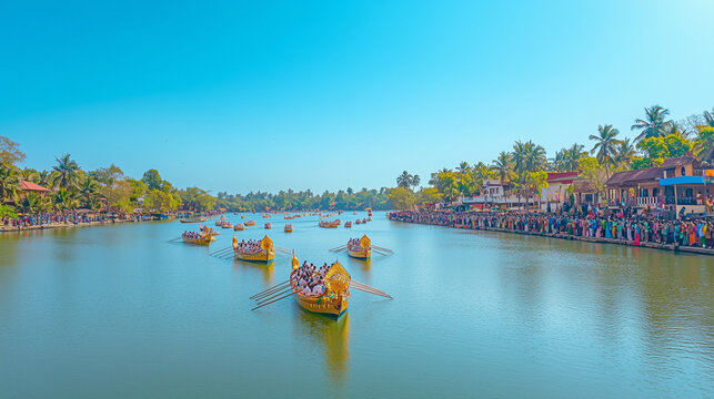 Aranmula Vallasadya Festival under the bright blue sky, gold decorated snake boats sail fast on the calm river, rowers row passionately, Ai generated images