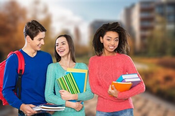 Group of happy college students discussing project together.