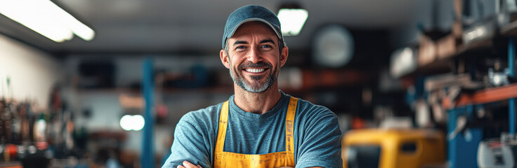 A man in a blue shirt and yellow apron is smiling in a garage