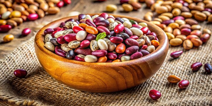 Freshly harvested frejoles displayed in a rustic wooden bowl on a textured burlap background