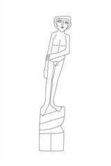 Line illustration of the statue Young Man of Gerhard Marcks in black and white.