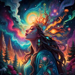 Gem&auml;lde in psychedelischen Farben - Frau genie&szlig;t den Moment