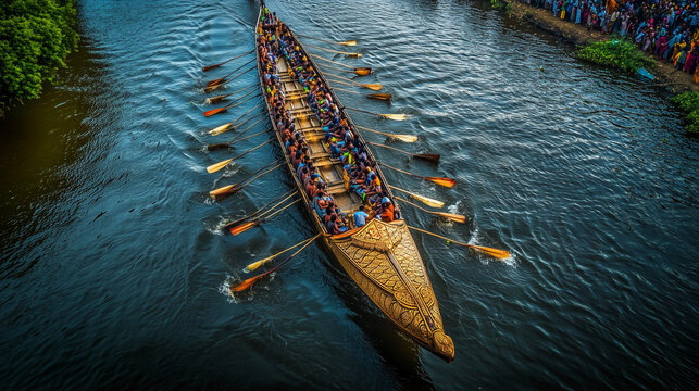 festive view of the Aranmula Vallasadya, a large snake boat with beautiful carvings sailing on the river, full of enthusiastic rowers, Ai generated images