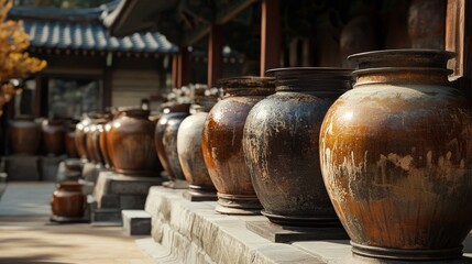 Funerary Jars Are Aligned in a Row with Traditional Patterns in Bright Sunlight