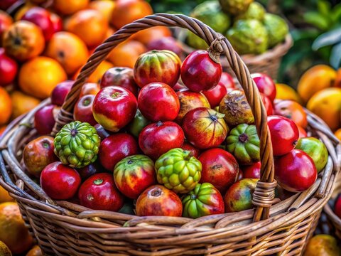 Freshly harvested totumo fruits stacked in a rustic basket showcasing vibrant tropical colors