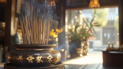 Japanese-Style Incense Sticks in Elegant Ceramic Holder with Flowers Gentle Light