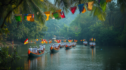 Aranmula Vallasadhya festival in Kerala, traditional snake boats lined up on the Pamba river, decorated with bright colors and flags, Ai generated images