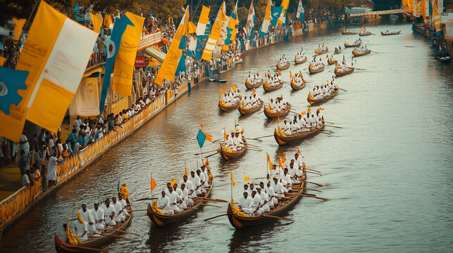 Aranmula Vallasadhya festival in Kerala, traditional snake boats lined up on the Pamba river, decorated with bright colors and flags, Ai generated images