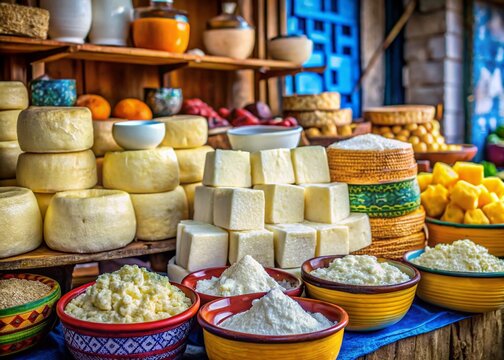 Freshly Made Cheese and Dairy Products Displayed in a Traditional Mexican Lecheria Shop Setting