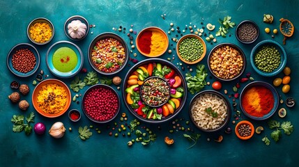 A vibrant of plant based cuisine with an array of delectable vegetable dishes fresh herbs and aromatic spices