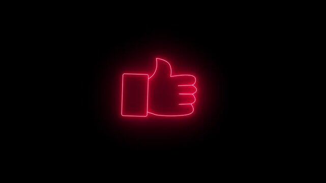  Like button symbol animation with Glowing red neon line. Neon thumb up sign icon animation On black background