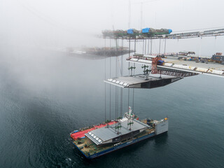 The last decks are being lifted during the construction of the 3rd Bosphorus Bridge in İstanbul,...