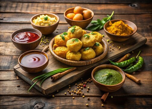 Freshly prepared singhara snacks on a rustic wooden table ready to be served with chutney and sauces