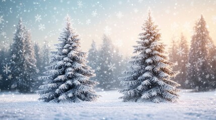 Christmas Tree in Winter Forest Covered with Snow Falling Snowflakes