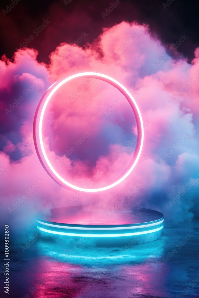 Aufkleber a bright neon circle floats on the surface of calm water, creating an ethereal scene