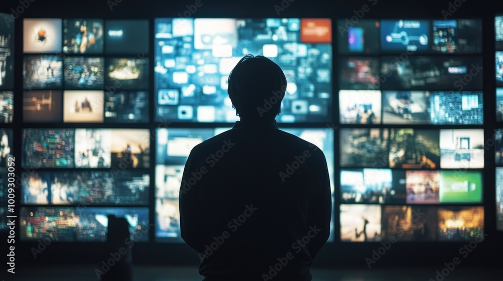 Poster a person standing in front of a large wall of tvs, possibly at a media or technology event