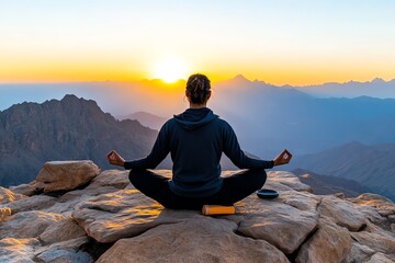 A figure meditating on a mountaintop at sunrise, their face calm and focused, embodying the stoic pursuit of inner tranquility and clarity of mind