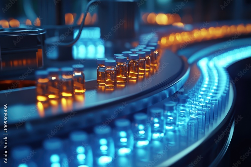 Poster close-up of bottles moving on a conveyor belt