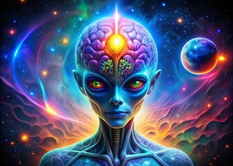 Futuristic Alien Creature with a Brain for a Head Surrounded by Cosmic Elements and Stars