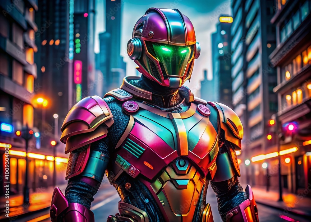 Poster futuristic armor suit with sleek design and high-tech features for science fiction concepts