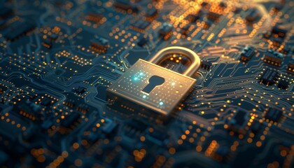 High-Tech Padlock on a Circuit Board Background Symbolizing Digital Security and Encryption