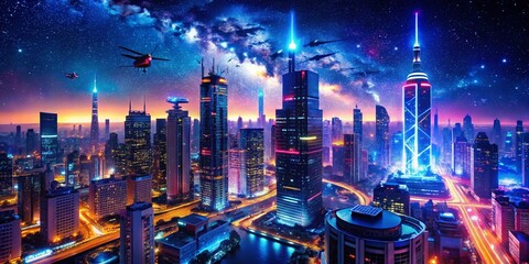 Obraz premium Futuristic cityscape with neon lights and flying vehicles under a starry sky at night