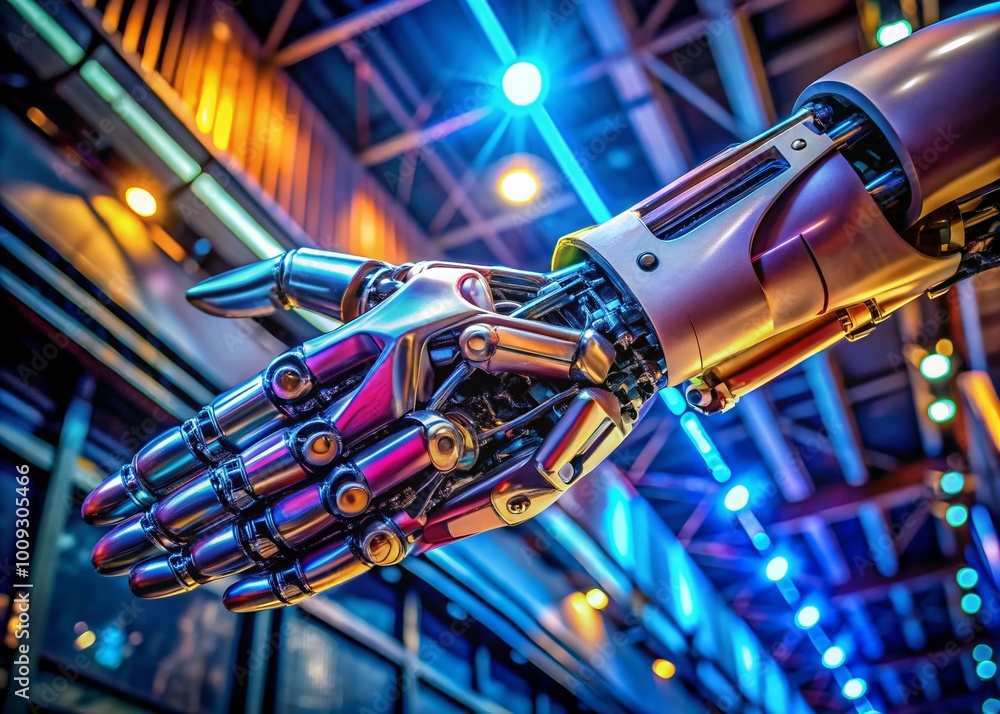 Poster futuristic cyborg arm with advanced technology and mechanical components in a high-tech environment